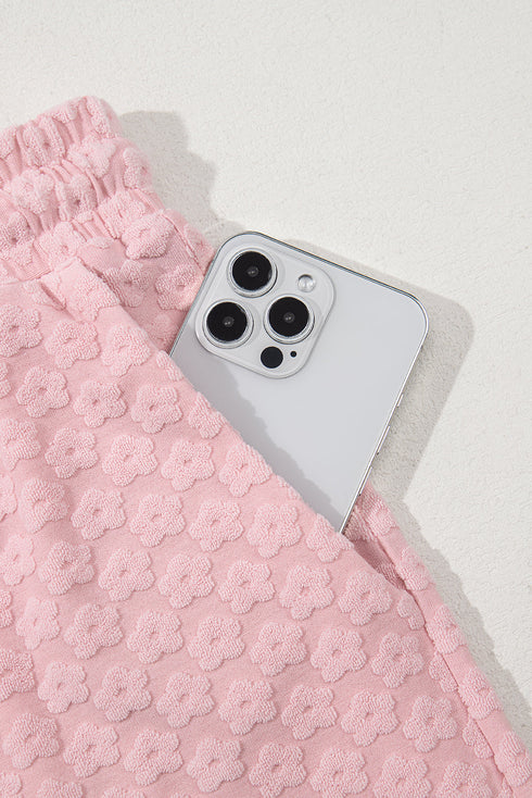 Sweet Daisy Jacquard Textured Knit Short Sleeve Top And Matching Shorts Set